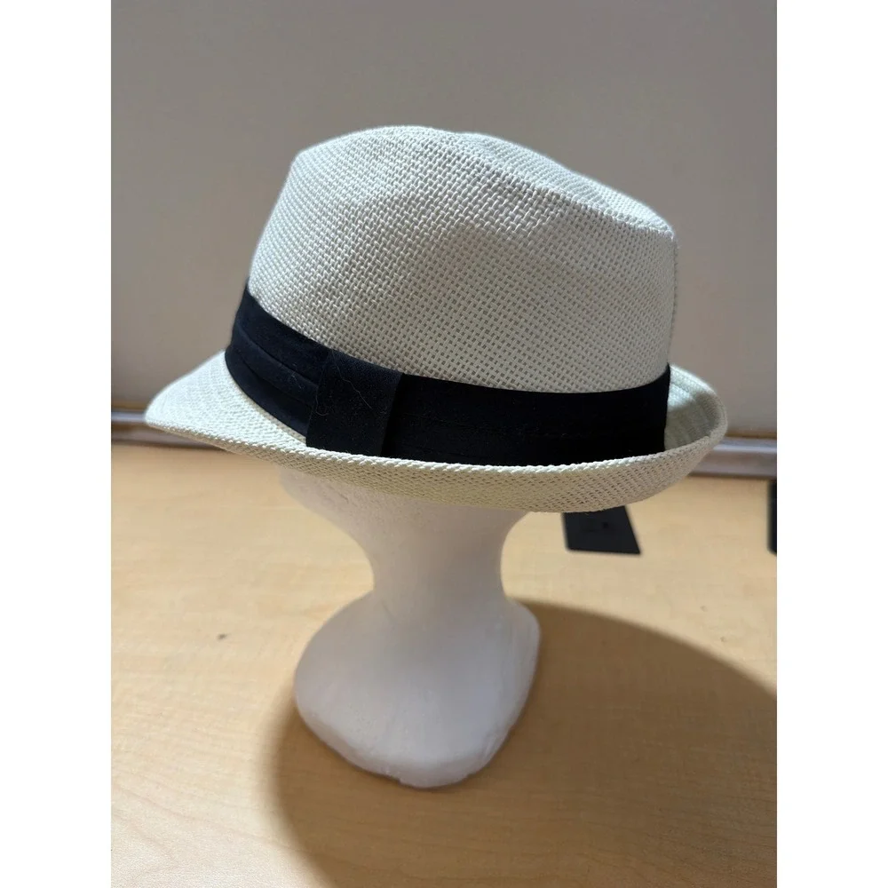 Unbranded Straw Fedora Hat Cream Off-White Black Ribbon Band Size 60-61 Summer